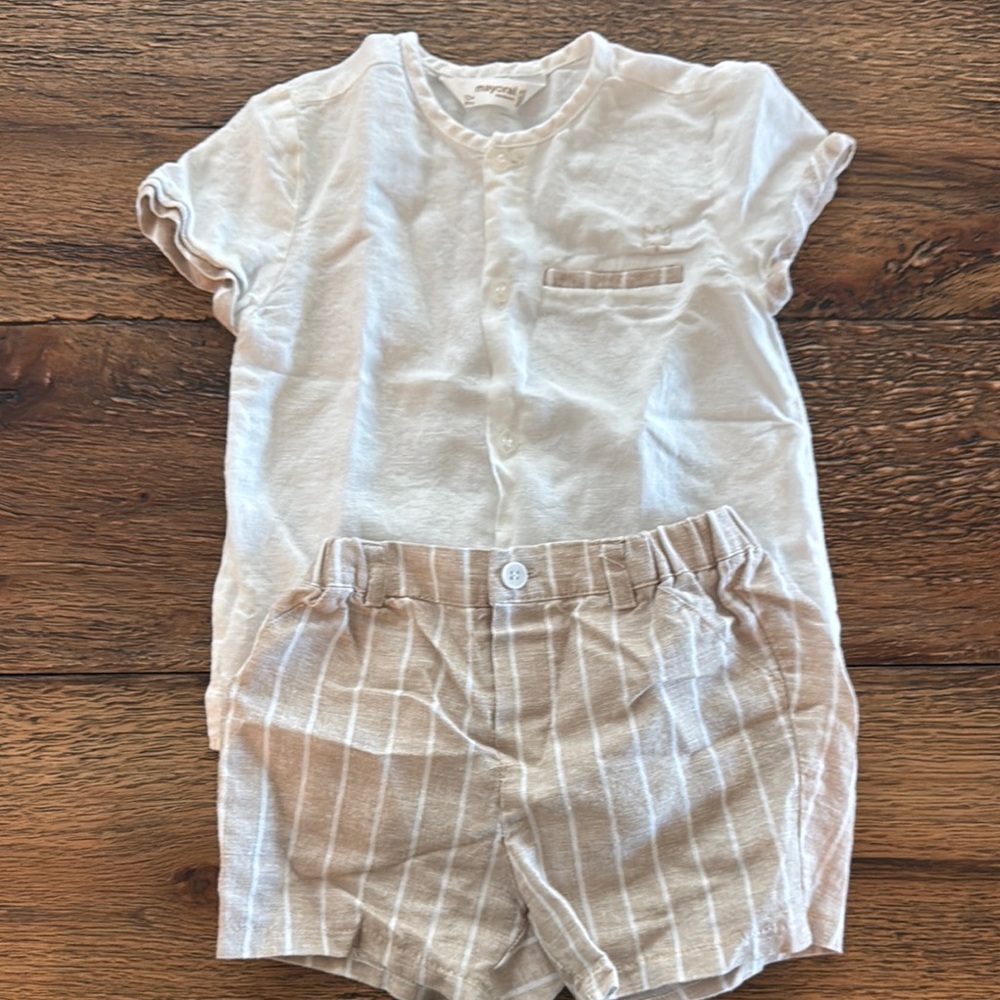 White Button-Up Shirt and Striped Shorts Set MAYORAL